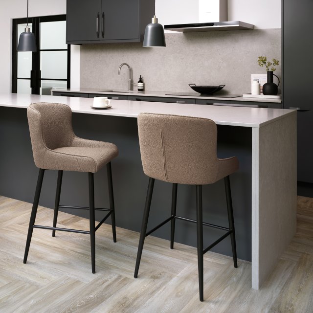 Gallery Collection Rubens - Mocha Beige Boucle Fabric Bar Stool with Black Legs (Pair)
