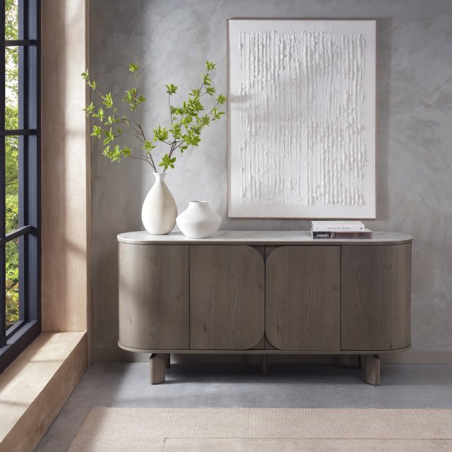 Signature Collection Duo Grey Oiled Oak Wide Sideboard with Monte Blanco Sintered Stone Top