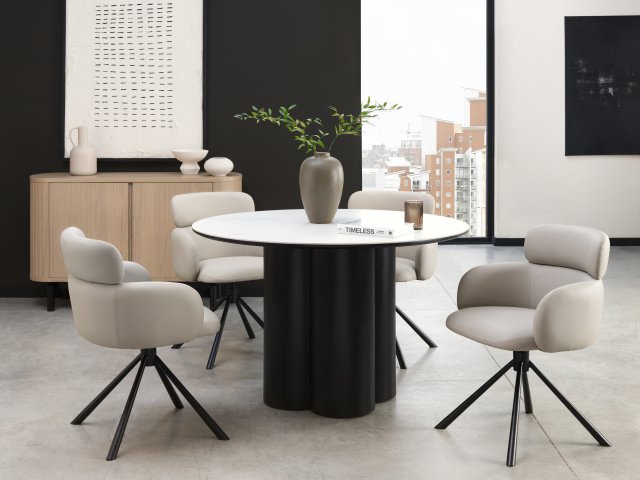 Gallery Collection Warren Matt White Sintered Stone 4 Seater Table with Black Oak Veneer Pedestal
