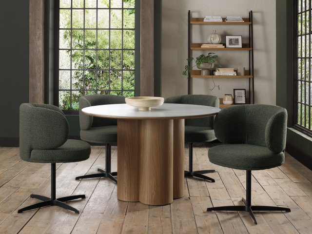 Gallery Collection Warren Matt White Sintered Stone 4 Seater Table with Oak Veneer Pedestal