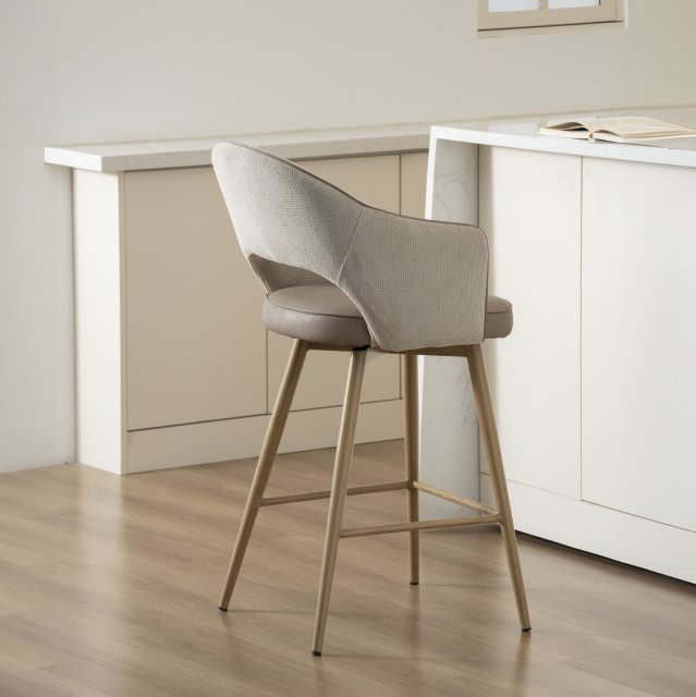 Gallery Collection Hanson - Beige Fabric & Vintage Stone Faux Leather Two Tone Return Swivel Bar Stool with Oak-Effect Legs (Single)