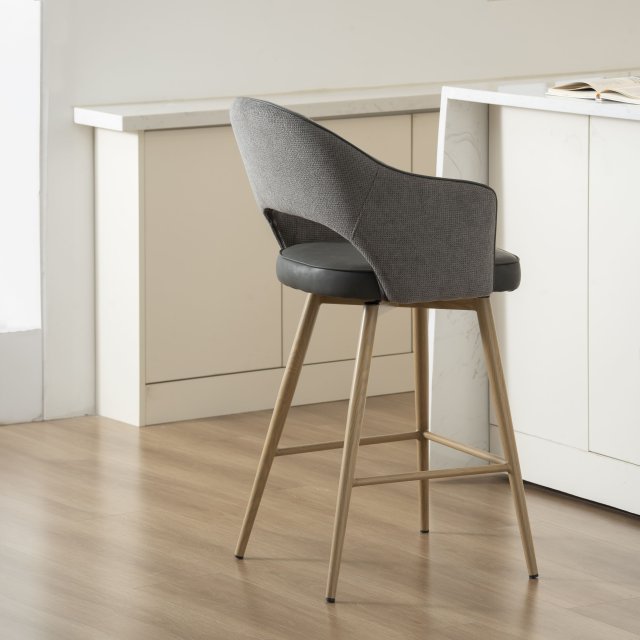 Gallery Collection Hanson - Grey Fabric & Dark Grey Faux Leather Two Tone Return Swivel Bar Stool with Oak-Effect Legs (Single)