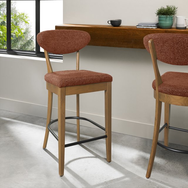 Signature Collection Ellipse Rustic Oak Upholstered Bar Stool - Auburn Fabric (Pair)