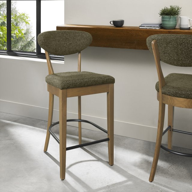 Signature Collection Ellipse Rustic Oak Upholstered Bar Stool - Green Fabric (Pair)