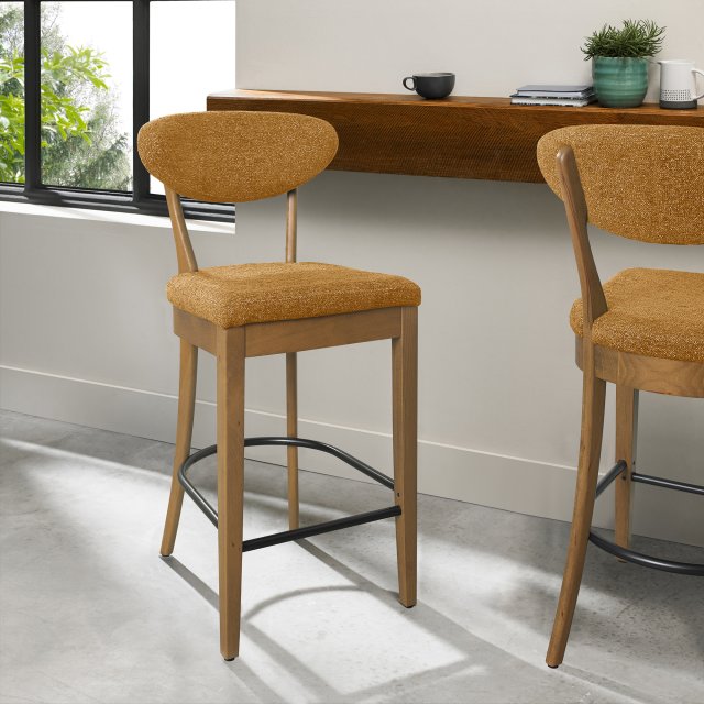 Signature Collection Ellipse Rustic Oak Upholstered Bar Stool - Mustard Fabric (Pair)