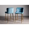 Gallery Collection Cezanne - Petrol Blue Velvet Fabric Bar Stools with Matt Gold Plated Legs (Pair)