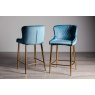 Gallery Collection Cezanne - Petrol Blue Velvet Fabric Bar Stools with Gold Legs (Pair)