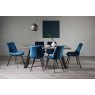Gallery Collection Hirst Grey Painted Tempered Glass 6 Seater Dining Table & 6 Fontana Blue Velvet Fabric Chairs with Grey Hand Brushing on Black Powder Coated Legs