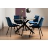Gallery Collection Hirst Grey Painted Tempered Glass 4 Seater Dining Table & 4 Fontana Blue Velvet Fabric Chairs with Grey Hand Brushing on Black Powder Coated Legs