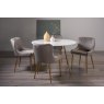 Gallery Collection Francesca White Marble Effect Tempered Glass 4 Seater Dining Table & 4 Cezanne Grey Velvet Fabric Chairs with Matt Gold Plated Legs