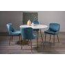 Gallery Collection Francesca White Marble Effect Tempered Glass 4 Seater Dining Table & 4 Cezanne Petrol Blue Velvet Fabric Chairs with Matt Gold Plated Legs