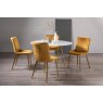 Gallery Collection Francesca White Marble Effect Tempered Glass 4 Seater Dining Table & 4 Rothko Mustard Velvet Fabric Chairs with Matt Gold Plated Legs