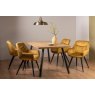 Gallery Collection Ramsay Rustic Oak Effect Melamine 6 Seater Dining Table with 4 Legs  & 4 Dali Mustard Velvet Fabric Chairs with Sand Black Powder Coated Legs