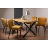 Gallery Collection Ramsay Rustic Oak Effect Melamine 6 Seater Dining Table with X Leg  & 4 Cezanne Mustard Velvet Fabric Chairs with Sand Black Powder Coated Legs