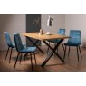 Gallery Collection Ramsay Oak Melamine 6 Seater Table - X Leg & 4 Mondrian Petrol Blue Velvet Chairs