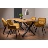 Gallery Collection Ramsay Rustic Oak Effect Melamine 6 Seater Dining Table with X Leg  & 4 Dali Mustard Velvet Fabric Chairs with Sand Black Powder Coated Legs