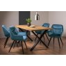Gallery Collection Ramsay Rustic Oak Effect Melamine 6 Seater Dining Table with X Leg  & 4 Dali Petrol Blue Velvet Fabric Chairs with Sand Black Powder Coated Legs