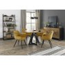 Signature Collection Indus Rustic Oak 4 Seater Dining Table with Peppercorn Legs & 4 Dali Mustard Velvet Fabric Chairs with Sand Black Powder Coated Legs