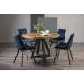 Signature Collection Indus Rustic Oak 4 Seater Dining Table with Peppercorn Legs & 4 Fontana Blue Velvet Fabric Chairs with Grey Hand Brushing on Black Powder Coated Legs