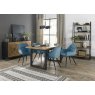Signature Collection Indus Rustic Oak 4-6 Seater Dining Table with Peppercorn Legs & 4 Dali Petrol Blue Velvet Fabric Chairs with Sand Black Powder Coated Legs
