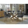 Premier Collection Turin Clear Tempered Glass 4 Seater Dining Table with Light Oak Legs & 4 Cezanne Dark Grey Faux Leather Chairs with Matt Gold Plated Legs