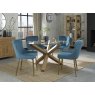 Premier Collection Turin Clear Tempered Glass 4 Seater Dining Table with Light Oak Legs & 4 Cezanne Petrol Blue Velvet Fabric Chairs with Matt Gold Plated Legs