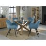 Premier Collection Turin Clear Tempered Glass 4 Seater Dining Table with Light Oak Legs & 4 Dali Petrol Blue Velvet Fabric Chairs with Sand Black Powder Coated Legs