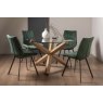 Premier Collection Turin Clear Tempered Glass 4 Seater Dining Table with Light Oak Legs & 4 Fontana Green Velvet Fabric Chairs with Grey Hand Brushing on Black Powder Coated Legs