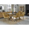 Premier Collection Turin Clear Tempered Glass 6 Seater Dining Table with Light Oak Legs & 6 Cezanne Mustard Velvet Fabric Chairs with Matt Gold Plated Legs
