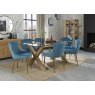 Premier Collection Turin Clear Tempered Glass 6 Seater Dining Table with Light Oak Legs & 6 Cezanne Petrol Blue Velvet Fabric Chairs with Matt Gold Plated Legs