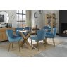 Premier Collection Turin Glass 6 Seater Table - Light Oak Legs & 6 Cezanne Petrol Blue Velvet Chairs - Gold Legs