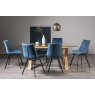 Premier Collection Turin Clear Tempered Glass 6 Seater Dining Table with Light Oak Legs & 6 Fontana Blue Velvet Fabric Chairs with Grey Hand Brushing on Black Powder Coated Legs