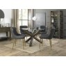 Premier Collection Turin Clear Tempered Glass 4 Seater Dining Table with Dark Oak Legs & 4 Cezanne Dark Grey Faux Leather Chairs with Matt Gold Plated Legs