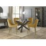 Premier Collection Turin Clear Tempered Glass 4 Seater Dining Table with Dark Oak Legs & 4 Cezanne Mustard Velvet Fabric Chairs with Matt Gold Plated Legs