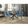 Premier Collection Turin Clear Tempered Glass 4 Seater Dining Table with Dark Oak Legs & 4 Cezanne Petrol Blue Velvet Fabric Chairs with Matt Gold Plated Legs