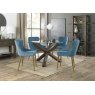 Premier Collection Turin Glass 4 Seater Table - Dark Oak Legs & 4 Cezanne Petrol Blue Velvet Chairs - Gold Legs