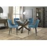 Premier Collection Turin Clear Tempered Glass 4 Seater Dining Table with Dark Oak Legs & 4 Cezanne Petrol Blue Velvet Fabric Chairs with Sand Black Powder Coated Legs