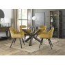 Premier Collection Turin Glass 4 Seater Table - Dark Oak Legs & 4 Dali Mustard Velvet Chairs