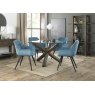 Premier Collection Turin Clear Tempered Glass 4 Seater Dining Table with Dark Oak Legs & 4 Dali Petrol Blue Velvet Fabric Chairs with Sand Black Powder Coated Legs