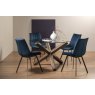 Premier Collection Turin Clear Tempered Glass 4 Seater Dining Table with Dark Oak Legs & 4 Fontana Blue Velvet Fabric Chairs with Grey Hand Brushing on Black Powder Coated Legs