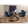 Premier Collection Turin Glass 4 Seater Table - Dark Oak Legs & 4 Fontana Blue Velvet Chairs