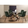 Premier Collection Turin Clear Tempered Glass 4 Seater Dining Table with Dark Oak Legs & 4 Fontana Green Velvet Fabric Chairs with Grey Hand Brushing on Black Powder Coated Legs