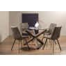 Premier Collection Turin Clear Tempered Glass 4 Seater Dining Table with Dark Oak Legs & 4 Fontana Tan Faux Suede Fabric Chairs with Grey Hand Brushing on Black Powder Coated Legs
