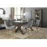 Premier Collection Turin Clear Tempered Glass 6 Seater Dining Table with Dark Oak Legs & 6 Cezanne Grey Velvet Fabric Chairs with Matt Gold Plated Legs