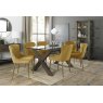 Premier Collection Turin Clear Tempered Glass 6 Seater Dining Table with Dark Oak Legs & 6 Cezanne Mustard Velvet Fabric Chairs with Matt Gold Plated Legs