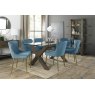 Premier Collection Turin Clear Tempered Glass 6 Seater Dining Table with Dark Oak Legs & 6 Cezanne Petrol Blue Velvet Fabric Chairs with Matt Gold Plated Legs