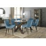 Premier Collection Turin Clear Tempered Glass 6 Seater Dining Table with Dark Oak Legs & 6 Cezanne Petrol Blue Velvet Fabric Chairs with Sand Black Powder Coated Legs
