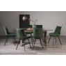 Premier Collection Turin Clear Tempered Glass 6 Seater Dining Table with Dark Oak Legs & 6 Fontana Green Velvet Fabric Chairs with Grey Hand Brushing on Black Powder Coated Legs