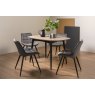 Premier Collection Vintage Weathered Oak 4 Seater Dining Table with Peppercorn Legs & 4 Seurat Grey Velvet Fabric Chairs with Sand Black Powder Coated Legs