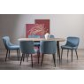 Gallery Collection Vintage Weathered Oak 6 Seater Dining Table with Peppercorn Legs & 6 Cezanne Petrol Blue Velvet Fabric Chairs with Sand Black Powder Coated Legs